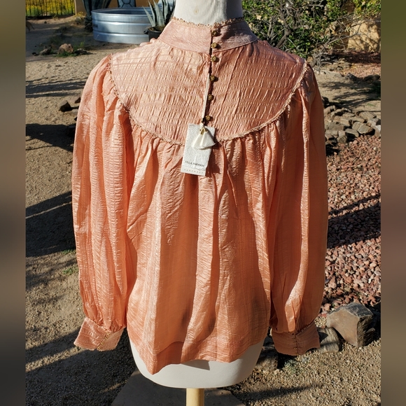 Ulla Johnson Edda Peach Rose Silk Beaded Mock Neck Longsleeve Puff Blouse sz 6 - Picture 2 of 3
